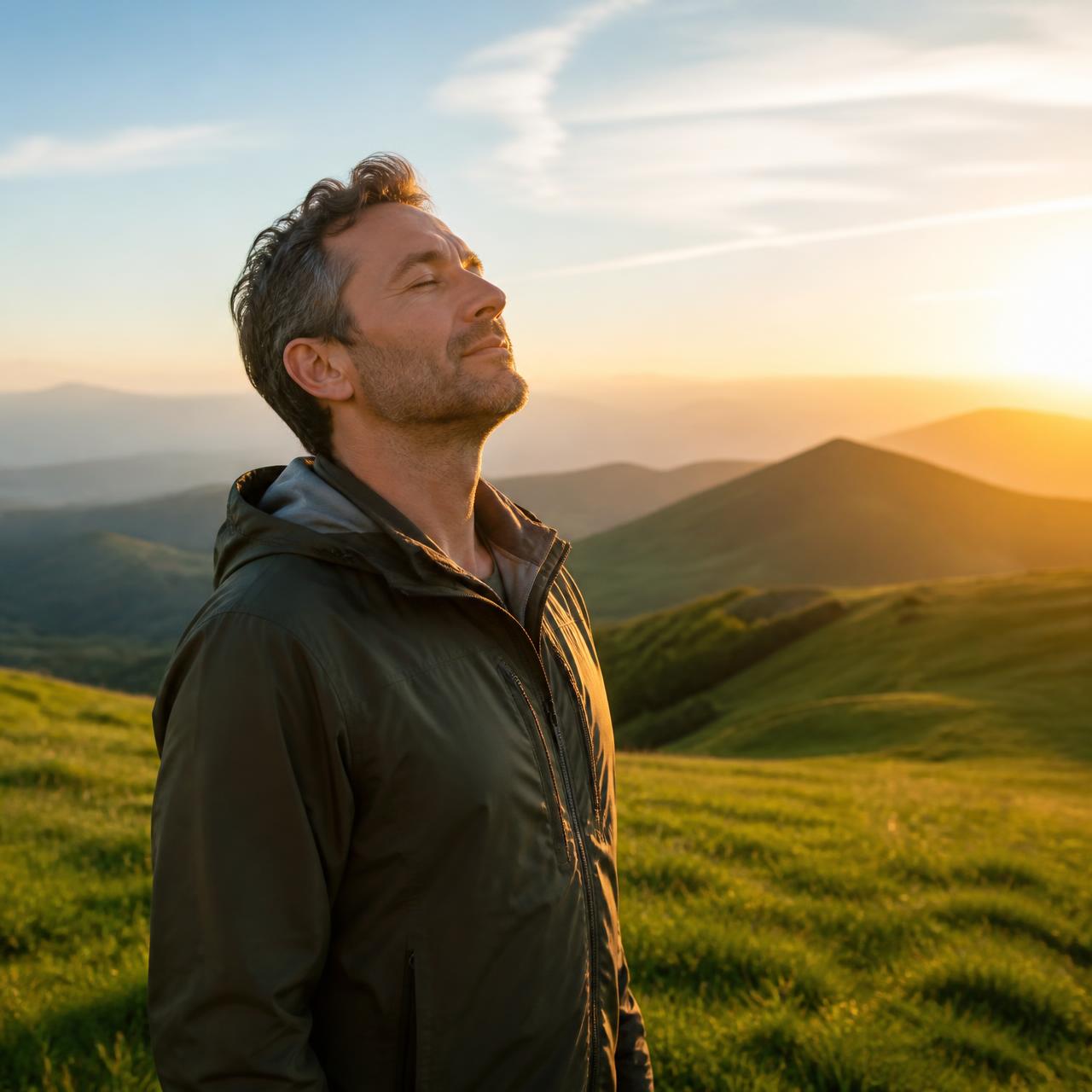 Homem respirando fundo ao ar livre ao amanhecer, com expressão de alívio